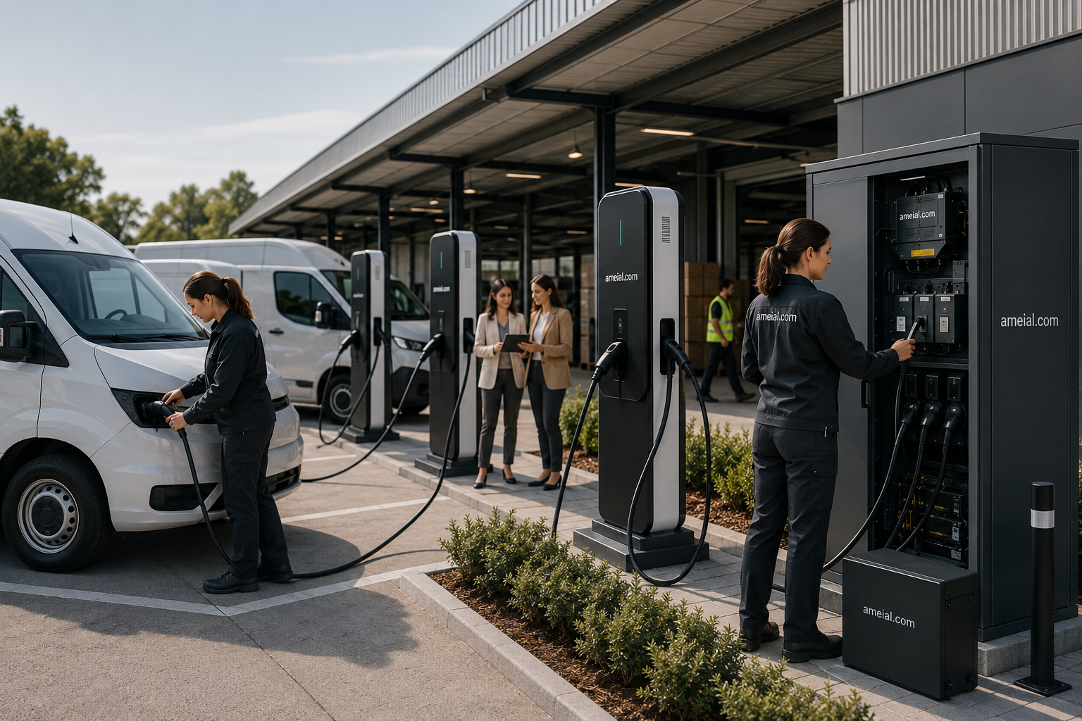 Patio logístico con varios vehículos eléctricos de flota cargando